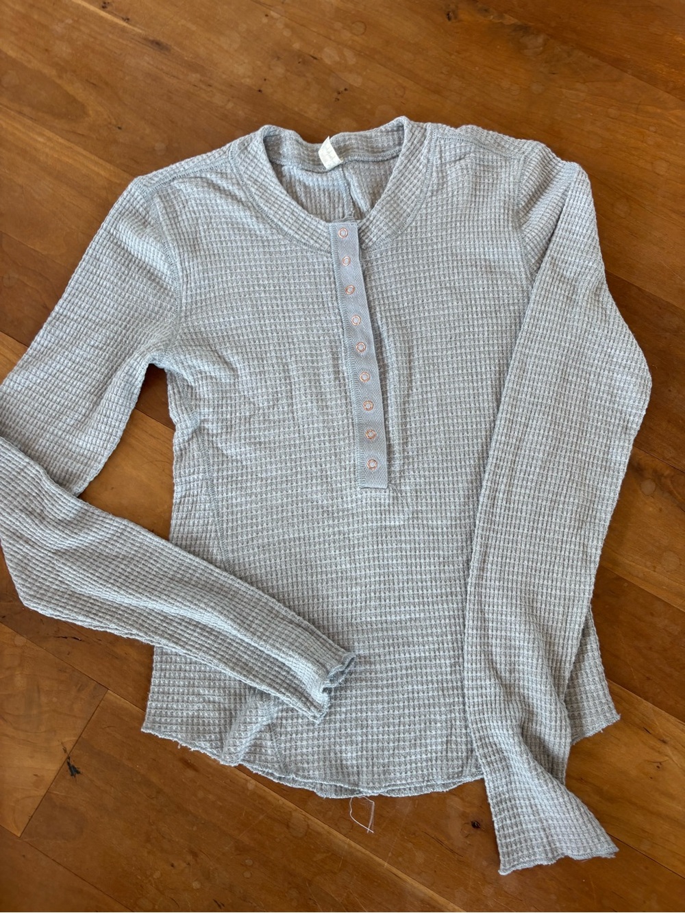 Waffle-Knit Henley Long Sleeve Top in Light Gray
